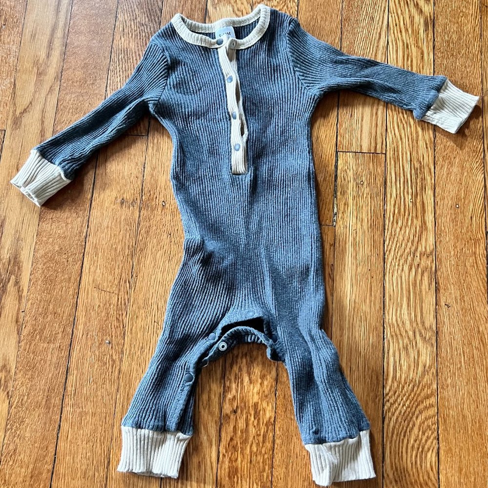 One-piece gray and cream longjohn romper, 6-9 months
